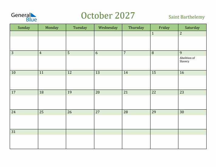 October 2027 Calendar with Saint Barthelemy Holidays