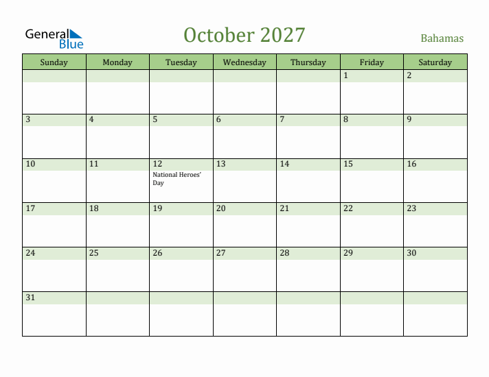 October 2027 Calendar with Bahamas Holidays