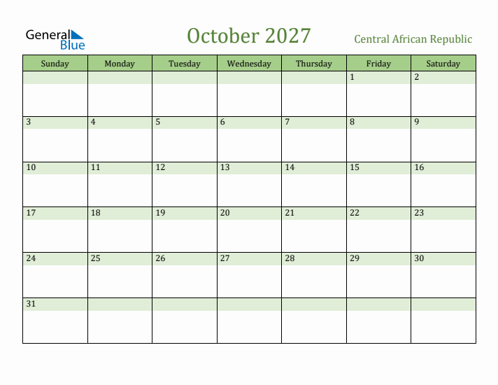 October 2027 Calendar with Central African Republic Holidays