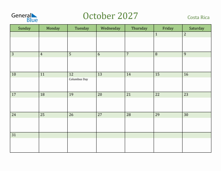 October 2027 Calendar with Costa Rica Holidays