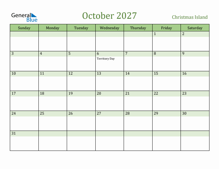 October 2027 Calendar with Christmas Island Holidays