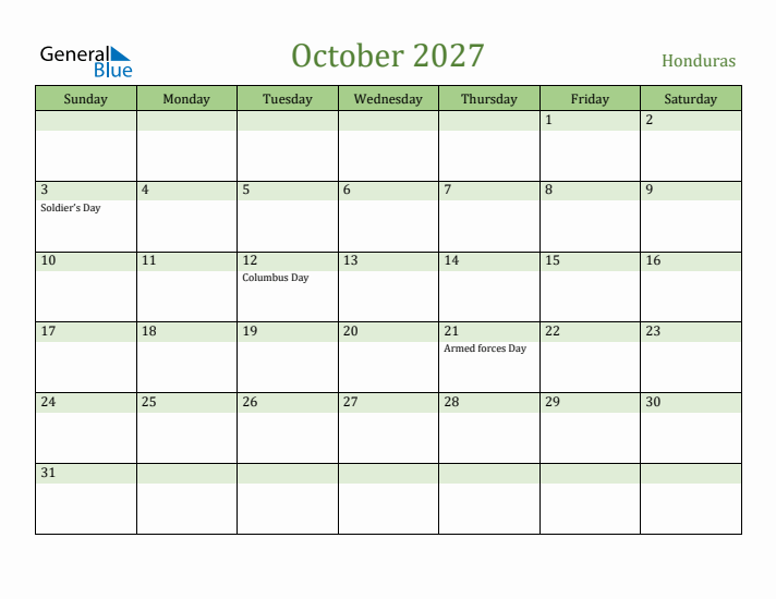 October 2027 Calendar with Honduras Holidays