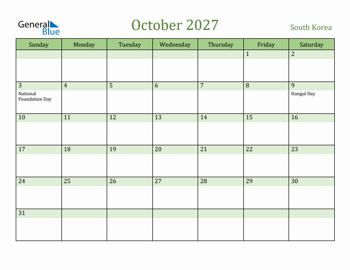 October 2027 Calendar with South Korea Holidays