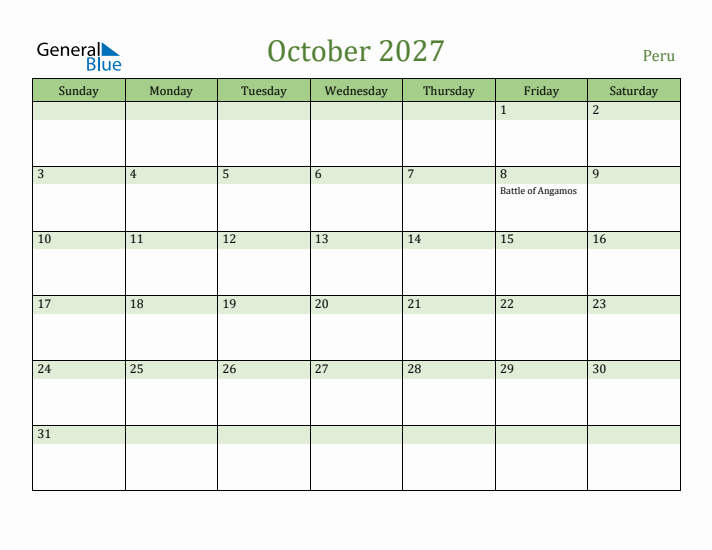 October 2027 Calendar with Peru Holidays