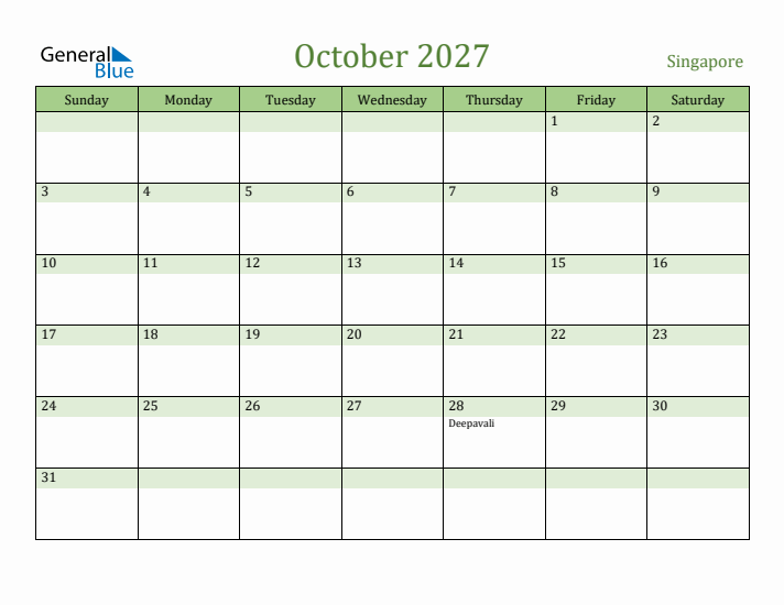 October 2027 Calendar with Singapore Holidays