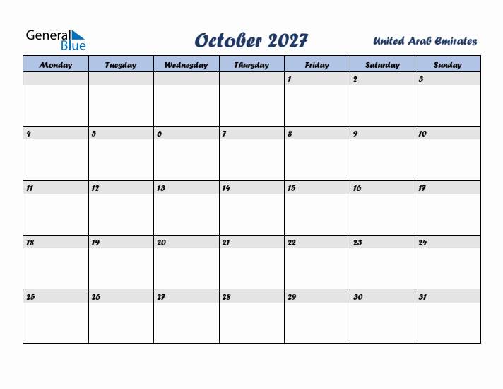 October 2027 Calendar with Holidays in United Arab Emirates