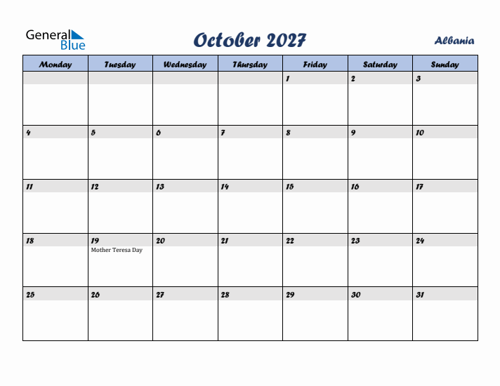 October 2027 Calendar with Holidays in Albania