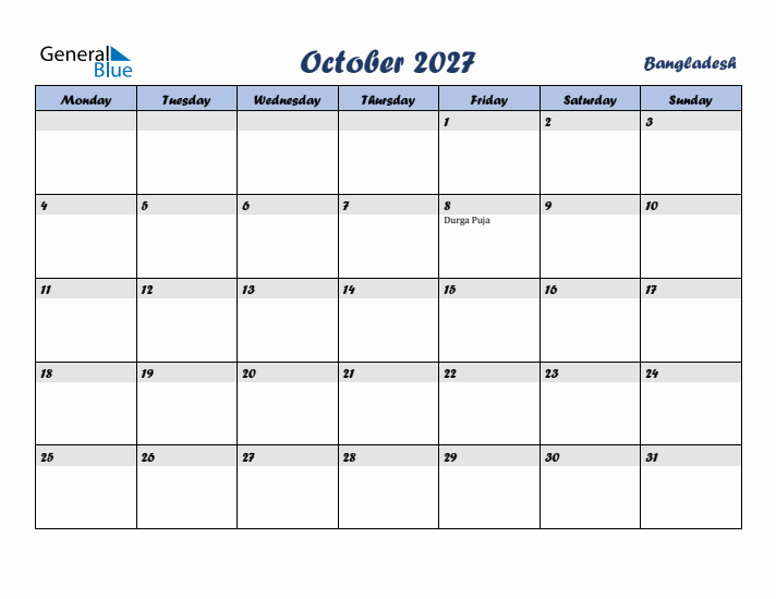 October 2027 Calendar with Holidays in Bangladesh