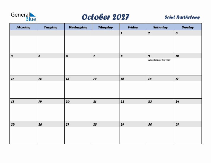 October 2027 Calendar with Holidays in Saint Barthelemy