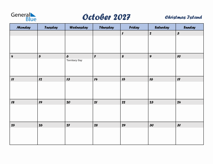 October 2027 Calendar with Holidays in Christmas Island