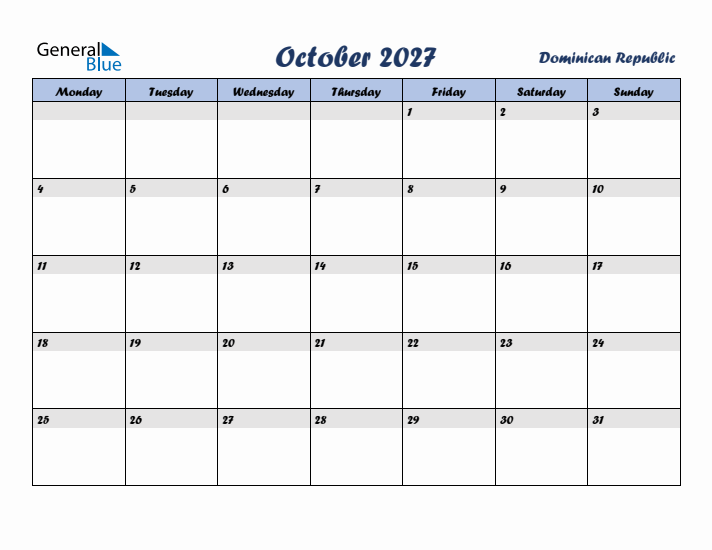 October 2027 Calendar with Holidays in Dominican Republic