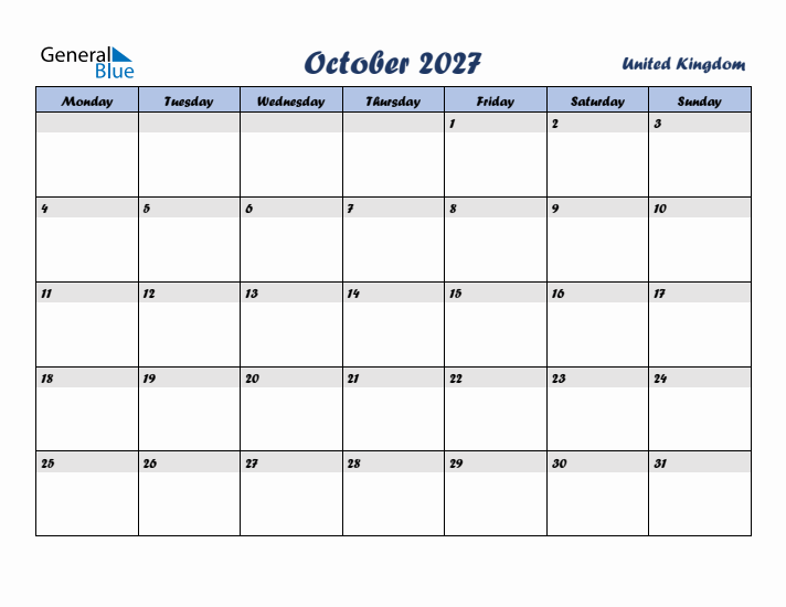 October 2027 Calendar with Holidays in United Kingdom