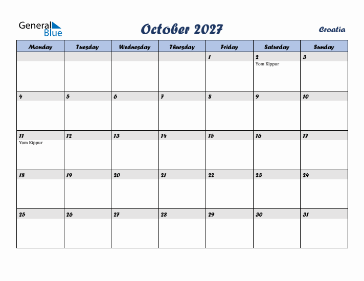 October 2027 Calendar with Holidays in Croatia