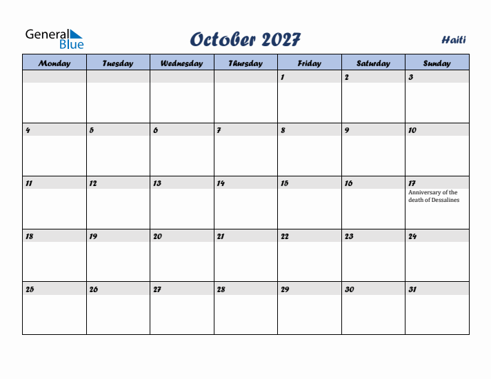 October 2027 Calendar with Holidays in Haiti