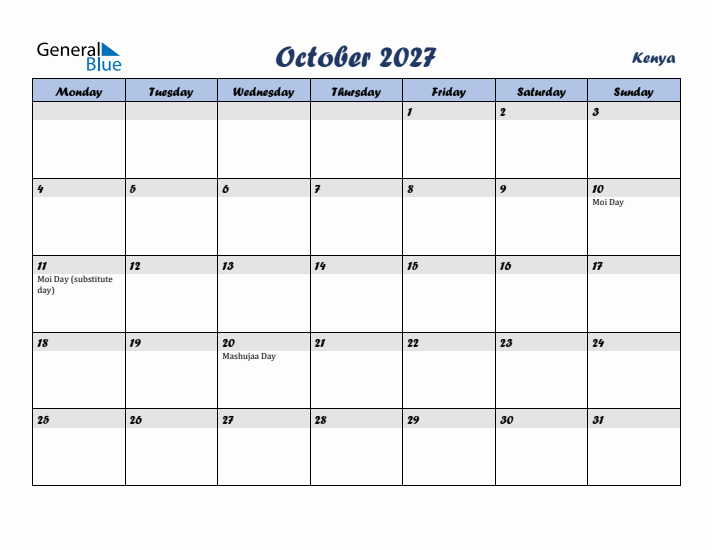 October 2027 Calendar with Holidays in Kenya