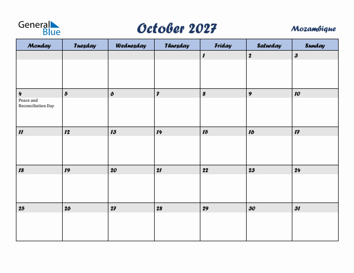 October 2027 Calendar with Holidays in Mozambique