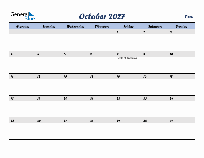 October 2027 Calendar with Holidays in Peru