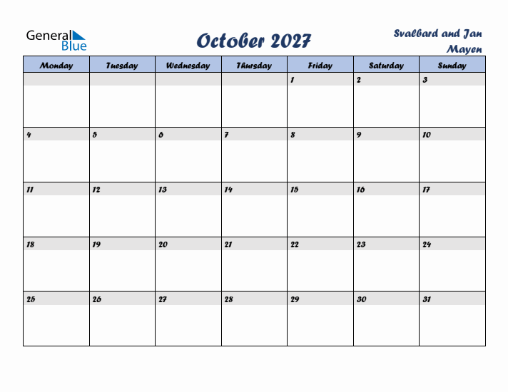 October 2027 Calendar with Holidays in Svalbard and Jan Mayen