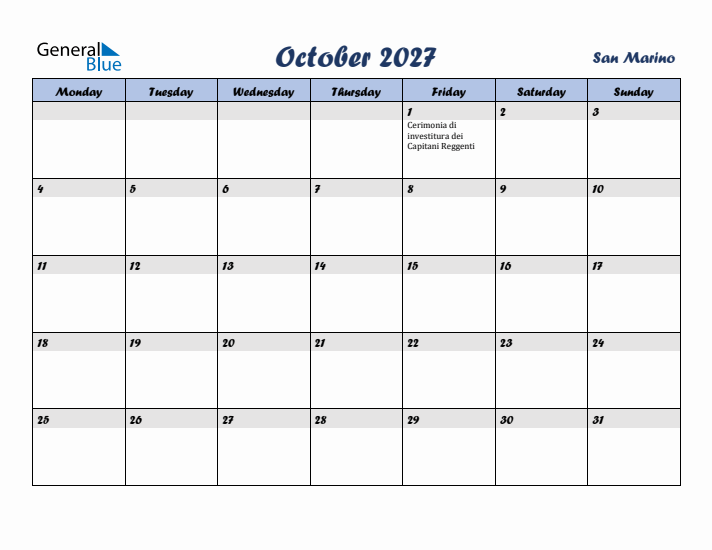 October 2027 Calendar with Holidays in San Marino