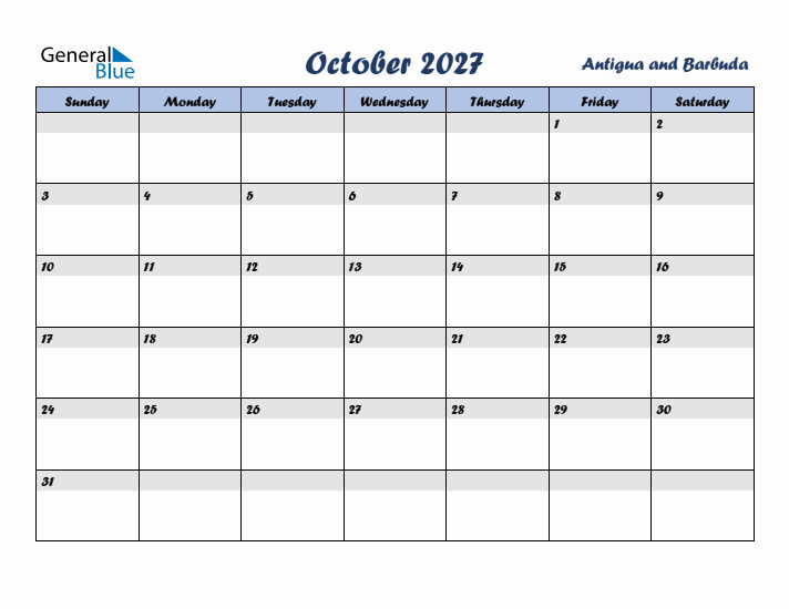 October 2027 Calendar with Holidays in Antigua and Barbuda