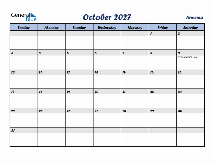 October 2027 Calendar with Holidays in Armenia