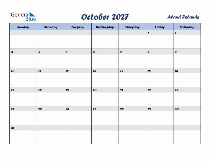 October 2027 Calendar with Holidays in Aland Islands