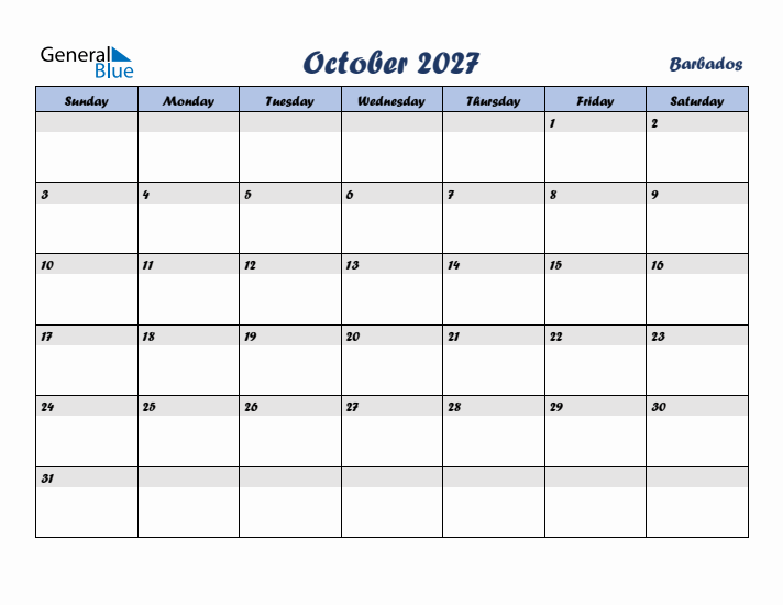 October 2027 Calendar with Holidays in Barbados