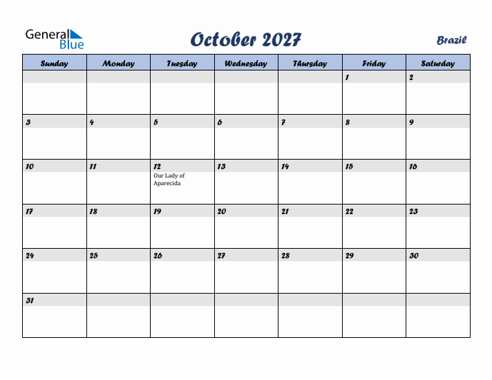 October 2027 Calendar with Holidays in Brazil