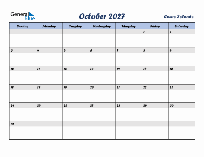 October 2027 Calendar with Holidays in Cocos Islands