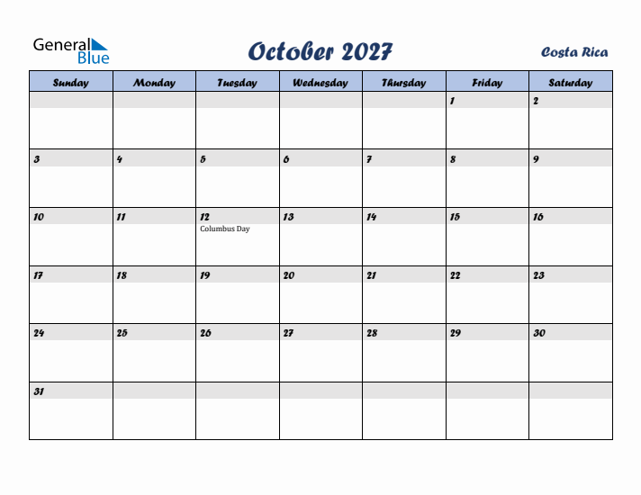 October 2027 Calendar with Holidays in Costa Rica