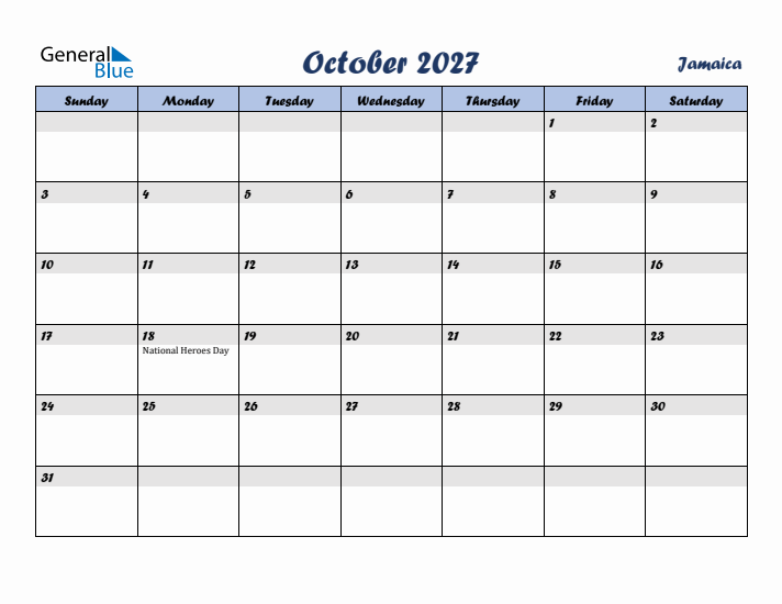 October 2027 Calendar with Holidays in Jamaica