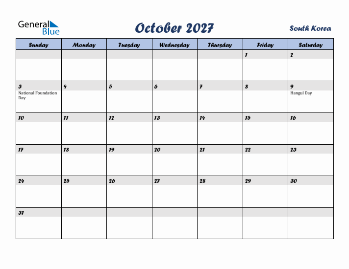 October 2027 Calendar with Holidays in South Korea