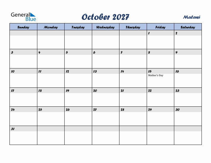 October 2027 Calendar with Holidays in Malawi