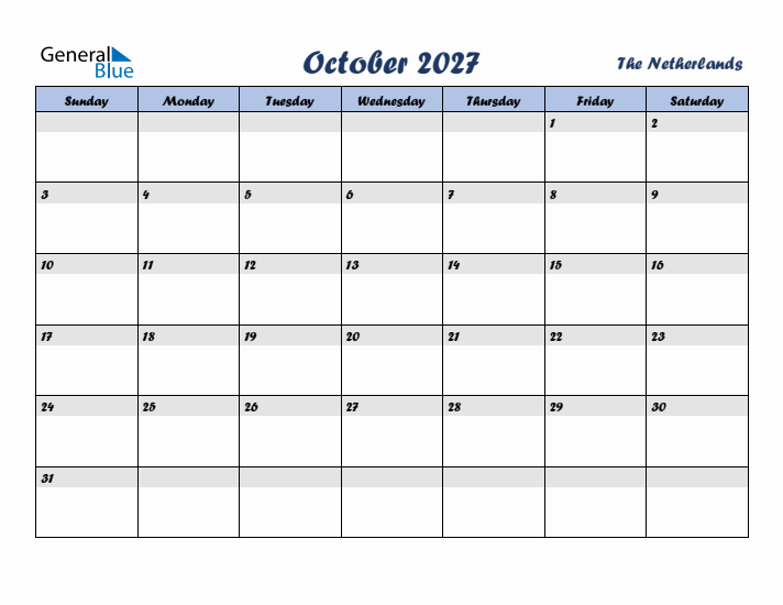 October 2027 Calendar with Holidays in The Netherlands