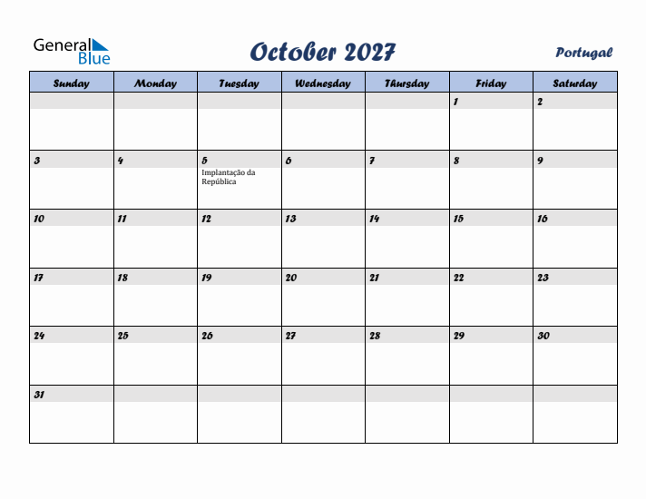 October 2027 Calendar with Holidays in Portugal