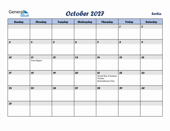 October 2027 Calendar with Holidays in Serbia