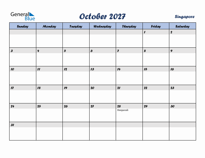 October 2027 Calendar with Holidays in Singapore