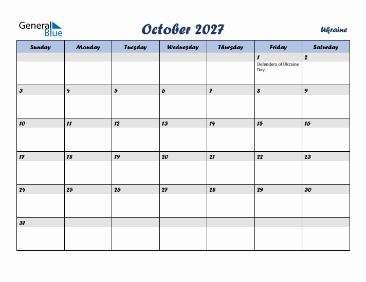 October 2027 Calendar with Holidays in Ukraine