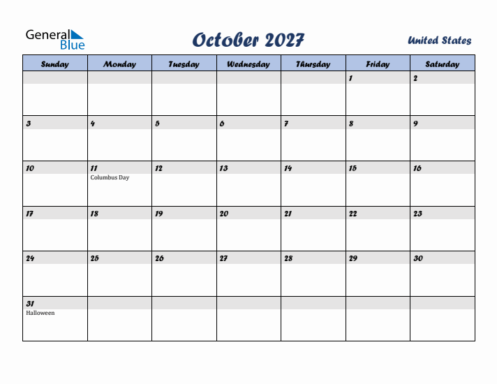 October 2027 Calendar with Holidays in United States