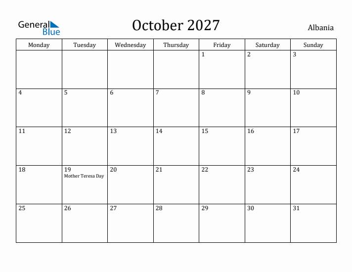 October 2027 Calendar Albania