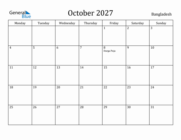 October 2027 Calendar Bangladesh