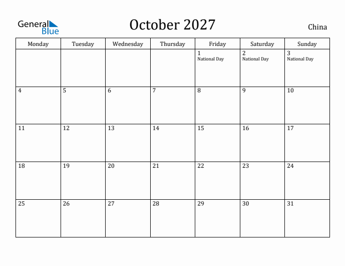 October 2027 Calendar China