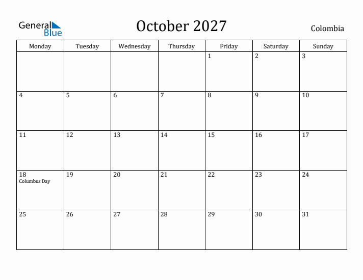 October 2027 Calendar Colombia