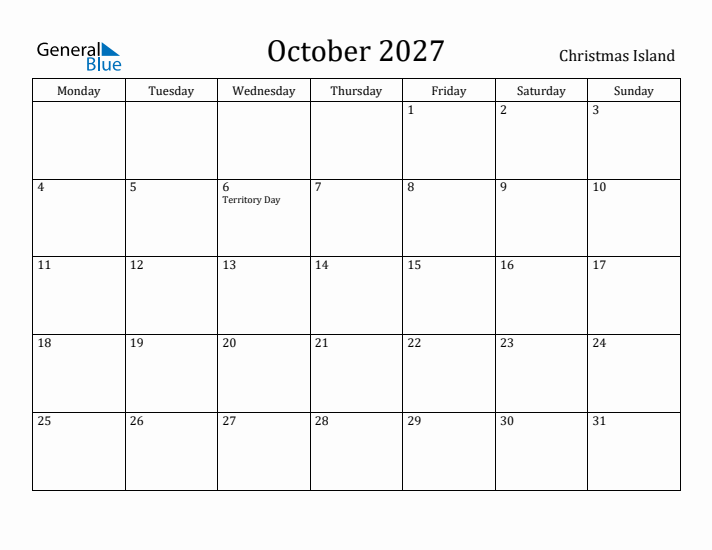 October 2027 Calendar Christmas Island