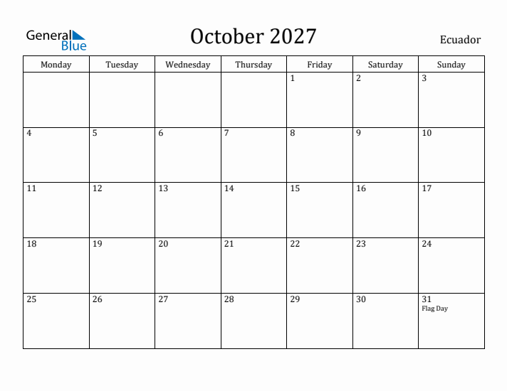 October 2027 Calendar Ecuador