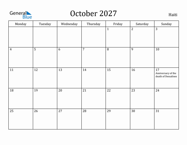 October 2027 Calendar Haiti