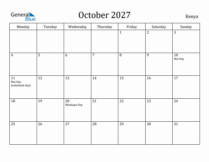 October 2027 Calendar Kenya