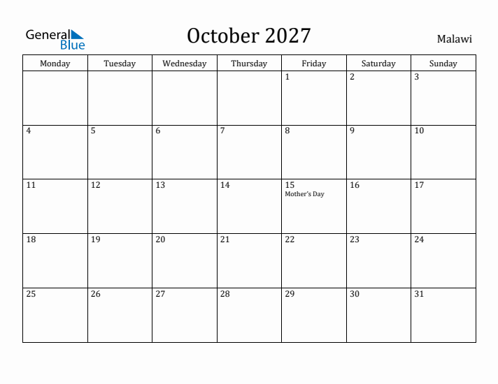 October 2027 Calendar Malawi