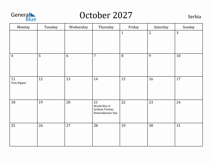 October 2027 Calendar Serbia