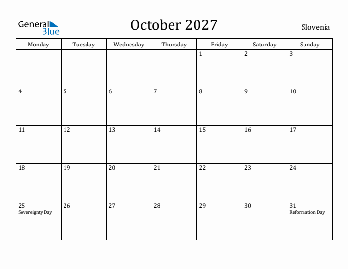 October 2027 Calendar Slovenia